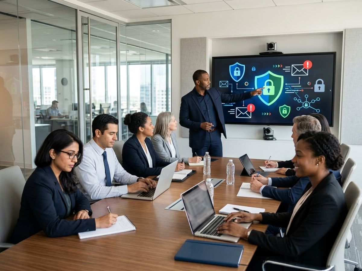Office staff reviewing simulated phishing test results on a shared screen