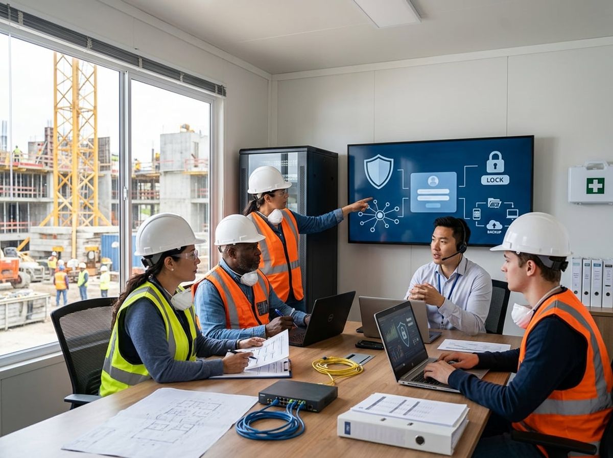 Site managers and specialist review insurance and compliance documents at a project office desk