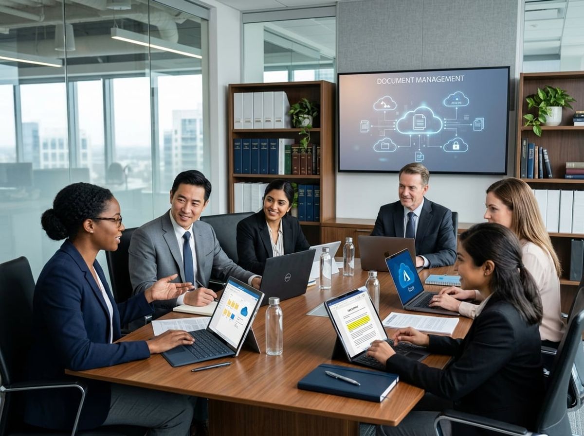 A group of professionals collaborating around a conference table with laptops and tablets in a modern law office with shelves of legal books and a digital screen showing document icons.
