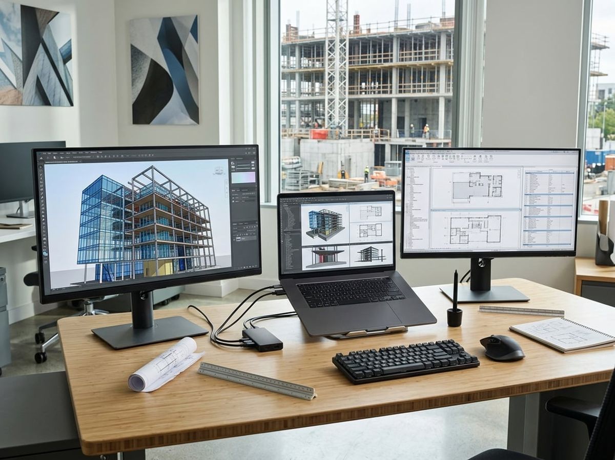 Laptop docked to dual monitors showing architectural drawings near a job site view