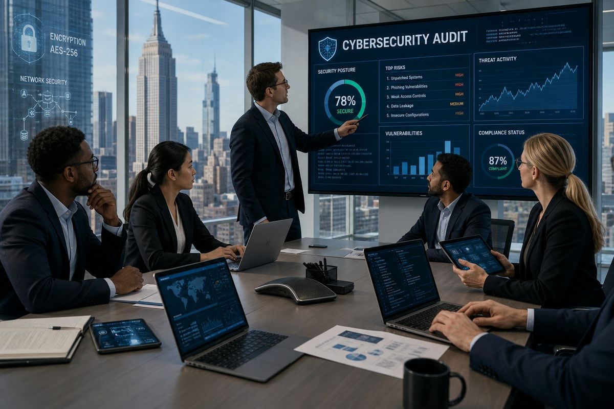 A group of professionals working together around a table with laptops and digital devices showing cybersecurity data, with New York City buildings visible through large windows.