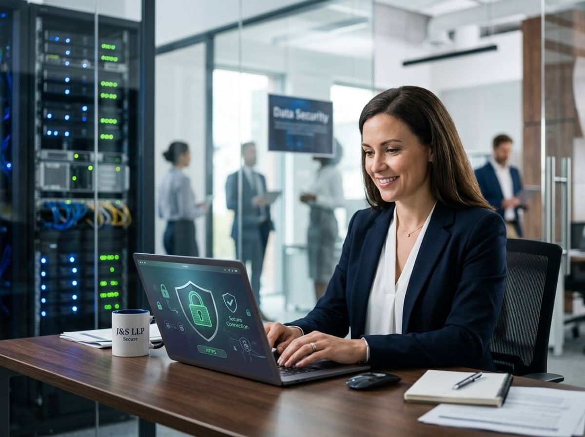 Professional working on a laptop near server racks representing secure law firm hosting