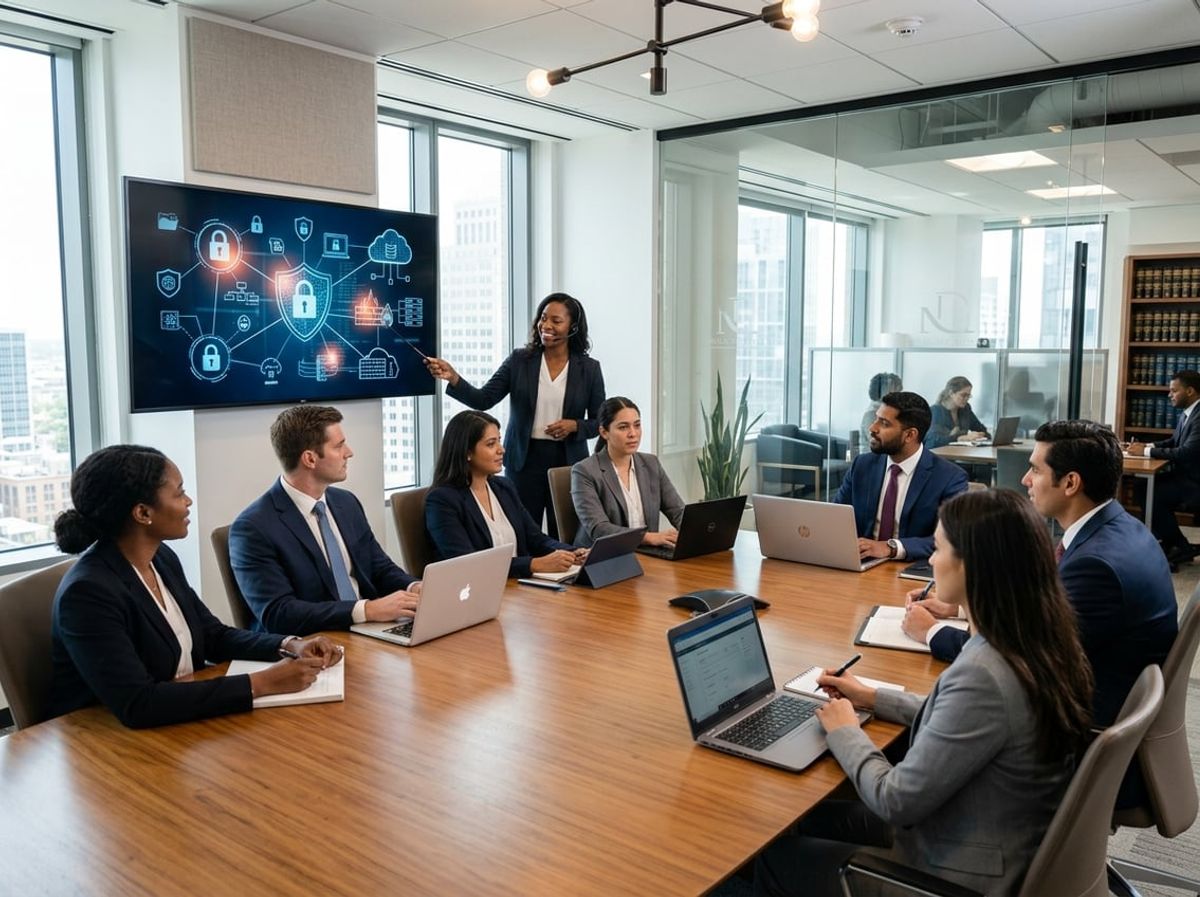 Legal professionals viewing emerging cybersecurity trends on a presentation screen
