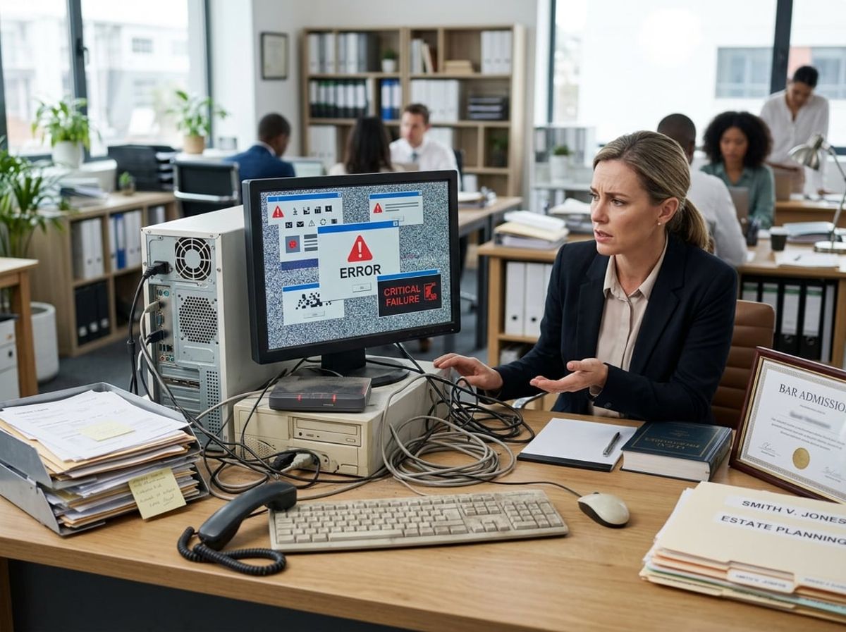 Office manager inspects outdated computer hardware and tangled cables signaling IT neglect