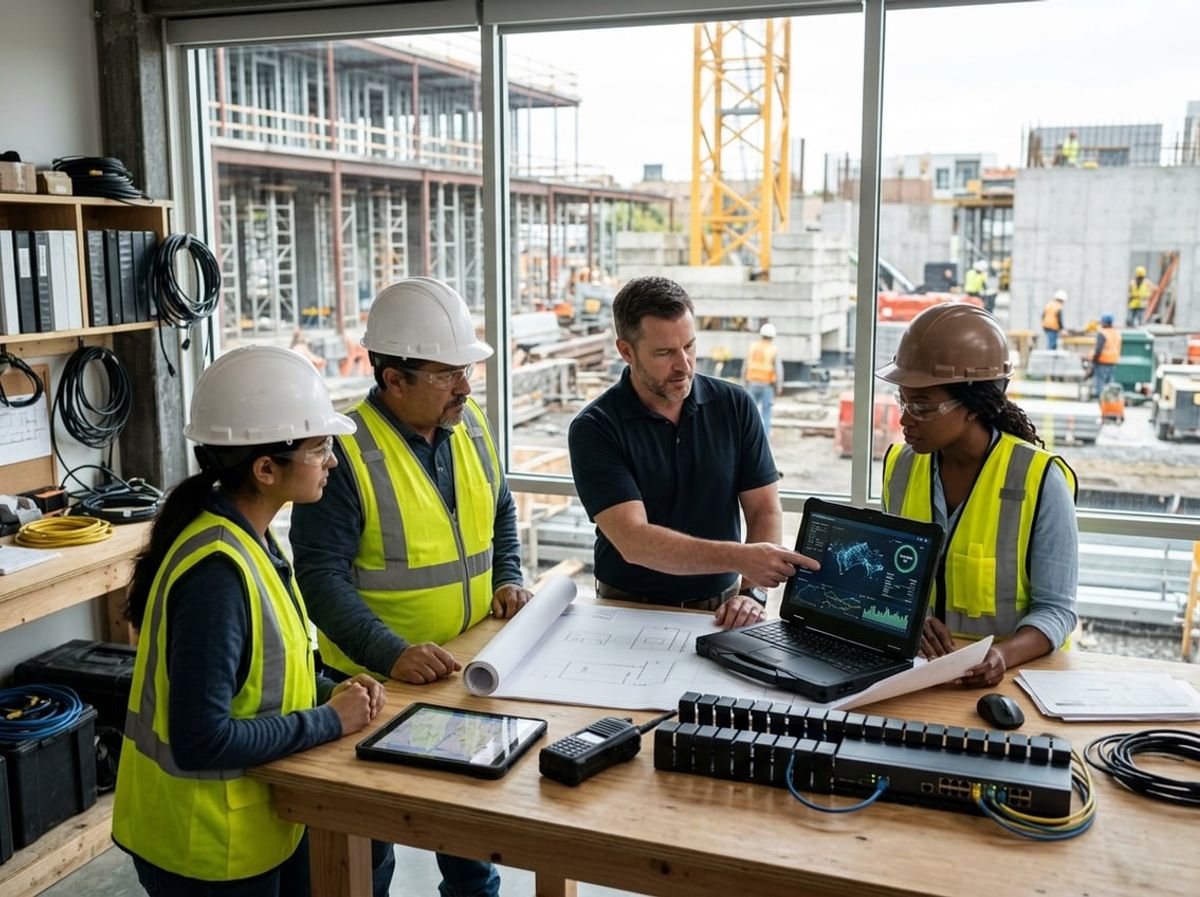 Construction leaders meet with an IT advisor overlooking an active building site through office windows
