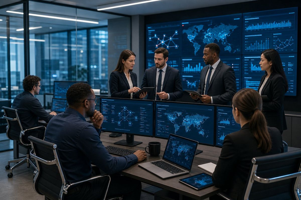A group of professionals in a modern office monitoring cybersecurity data on multiple screens to protect client confidentiality.