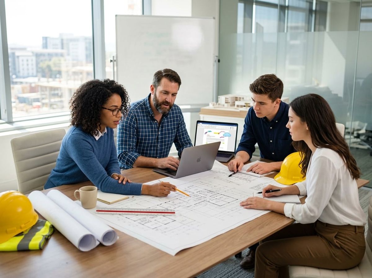 Design and construction professionals gathered around a laptop discussing common workflow questions