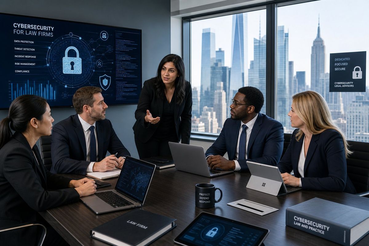 Legal professionals in a modern office collaborating around a table with digital devices displaying cybersecurity visuals, with New York City buildings visible through the windows.