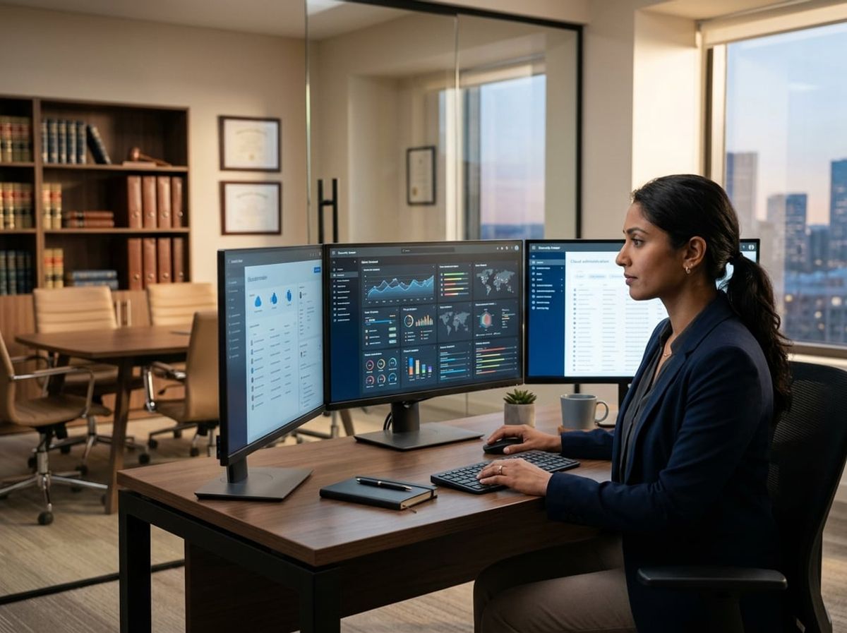 Technician monitors Microsoft 365 security settings on a laptop in a small law office