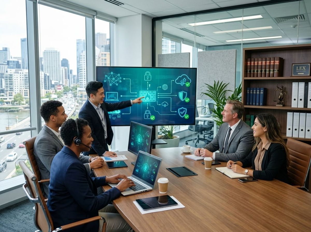 Law firm team reviewing compliance audit reports on computer screens during a security discussion