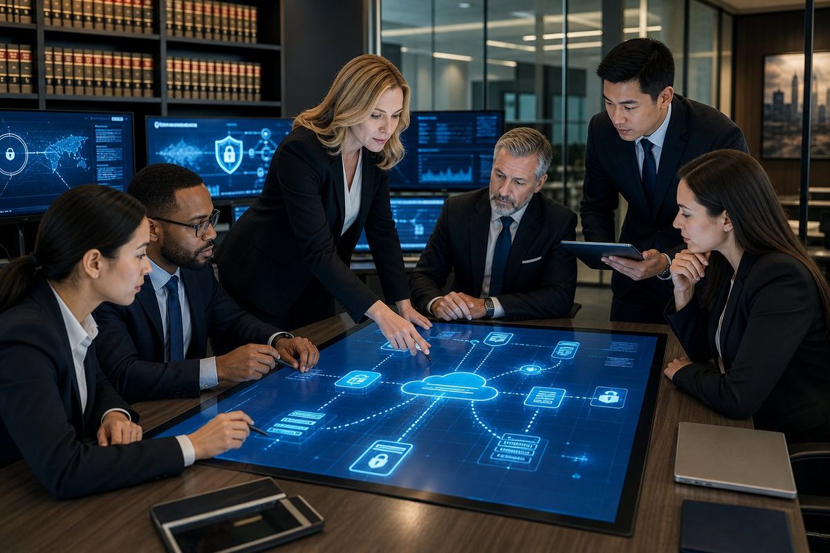 A group of professionals in a law firm office collaborating around a digital touchscreen table showing network security diagrams, with computer monitors displaying cybersecurity data in the background.