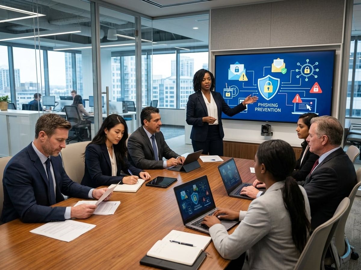 Staff reviewing a dashboard tracking phishing defense metrics over several months