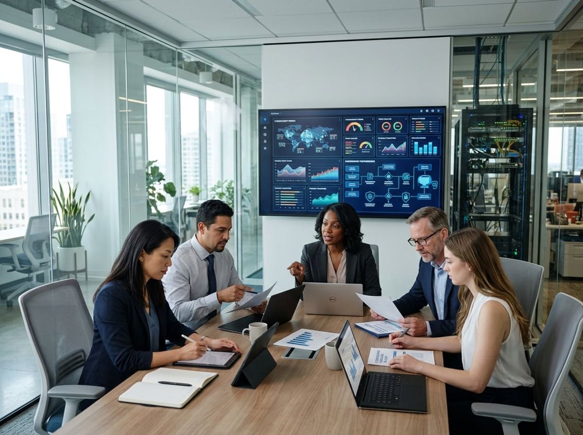 Business professionals review cyber insurance coverage details and financial planning documents