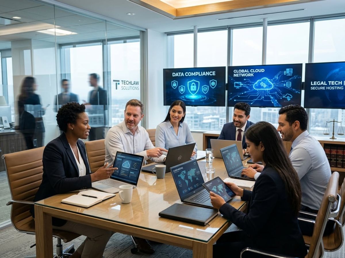 Attorney reviewing a compliance checklist beside a locked cloud icon graphic