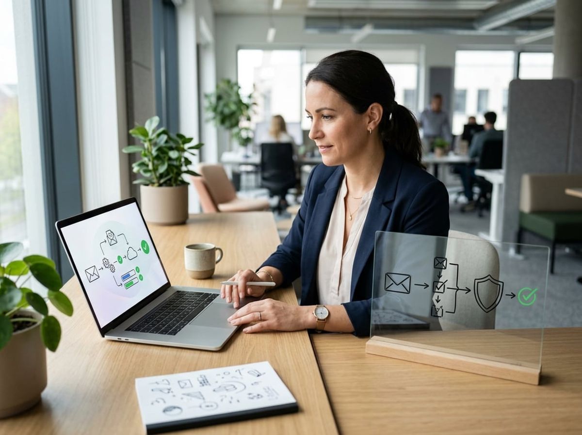 Cybersecurity professional working through DMARC setup steps on a laptop at a desk