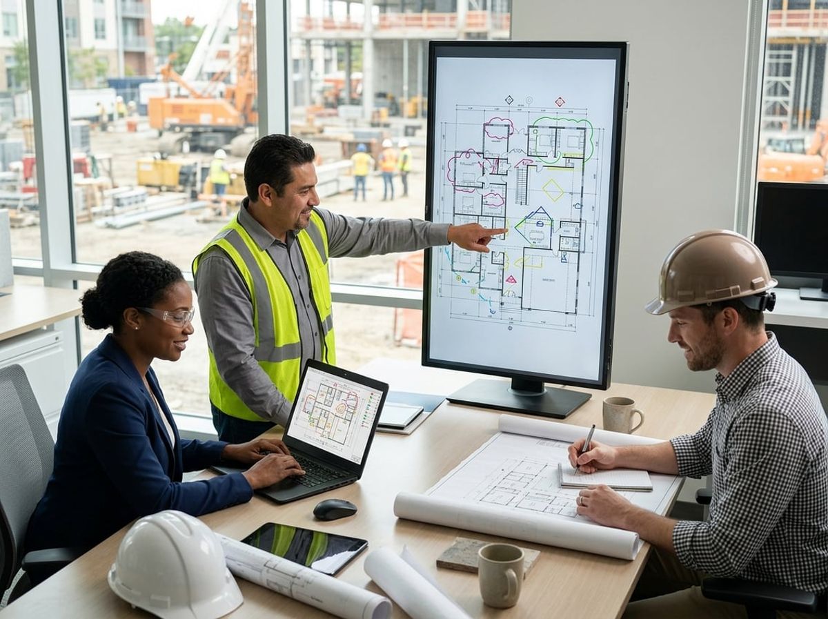 Architect and engineer studying a shared building plan on screen before a coordination meeting