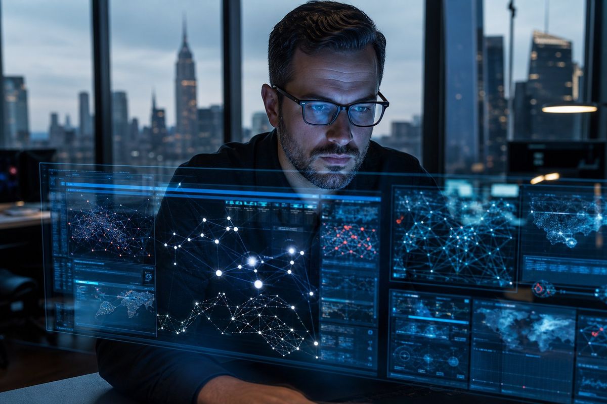 A cybersecurity expert working with multiple digital screens showing data and network connections in a modern office with a cityscape view.