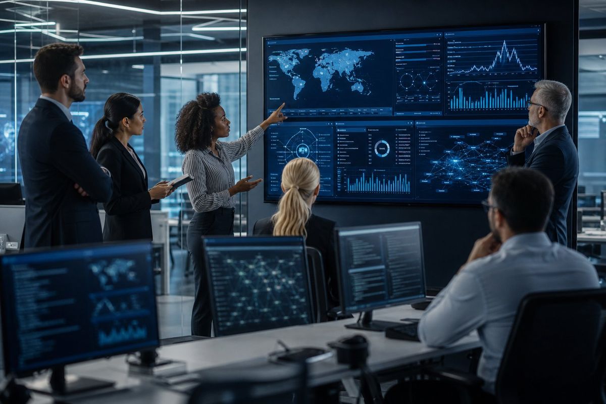 A group of business professionals in a modern office reviewing cybersecurity monitoring dashboards on large digital screens.