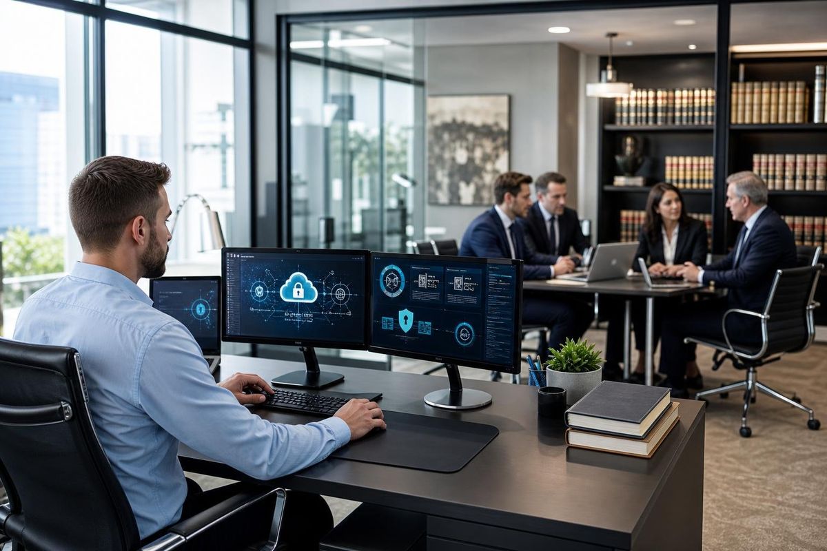 An IT specialist monitors secure data backup on multiple screens while lawyers collaborate in a modern law firm office.