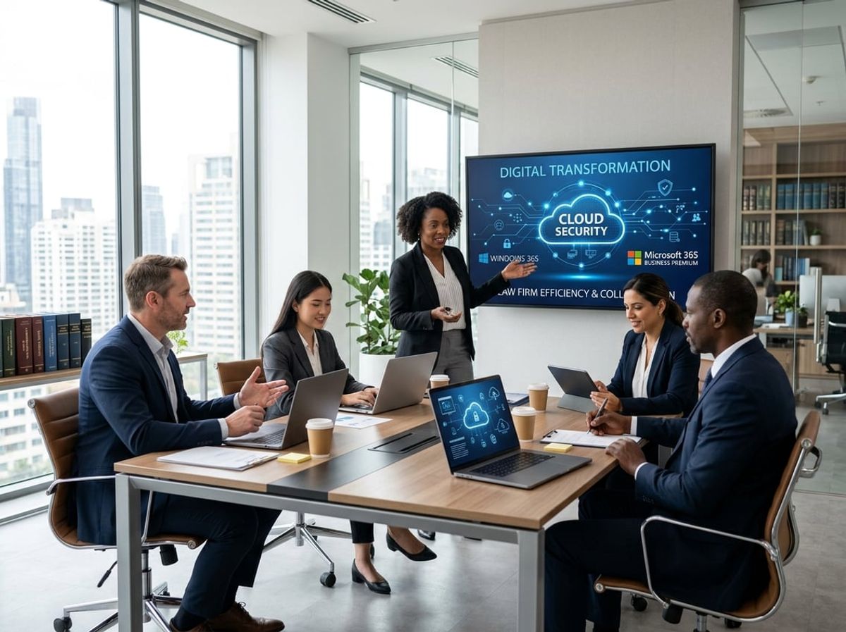 Legal staff exploring Microsoft 365 Business Premium licensing options on a shared display