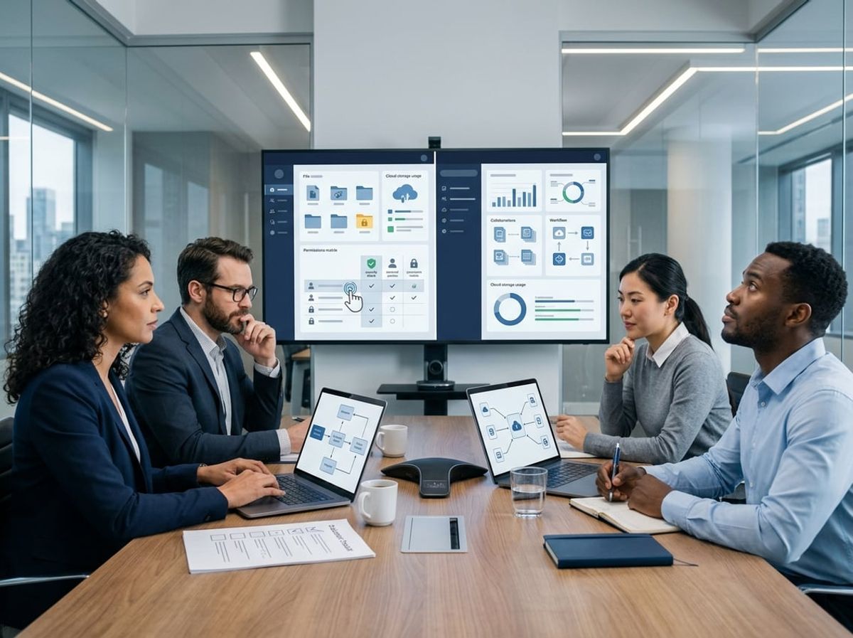 Team gathered in a conference room comparing document management platforms before a decision
