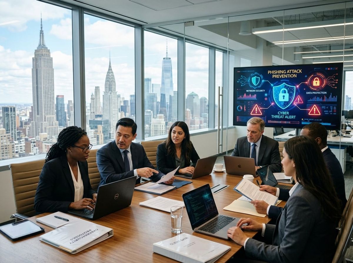 Legal team gathered around monitors displaying phishing prevention for law firms strategies