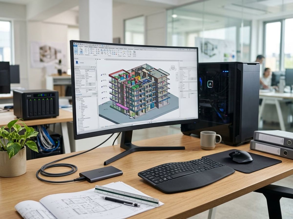 Dual monitor workstation with a 3D building model and external solid-state drive on the desk