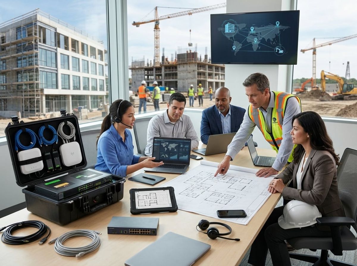 Team gathers around a table with blueprints, laptops and tablets to plan new job sites