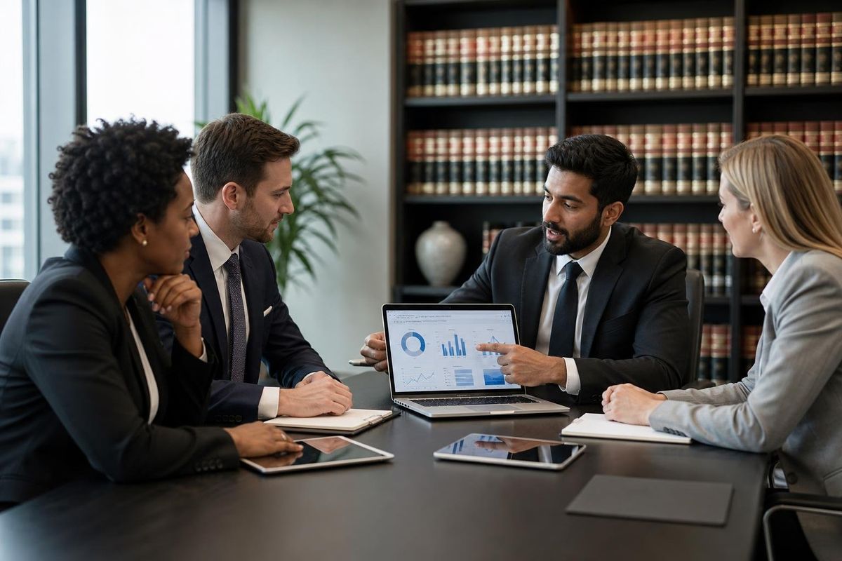 Four professionals having a meeting around a conference table in a law firm office, discussing information on a laptop.