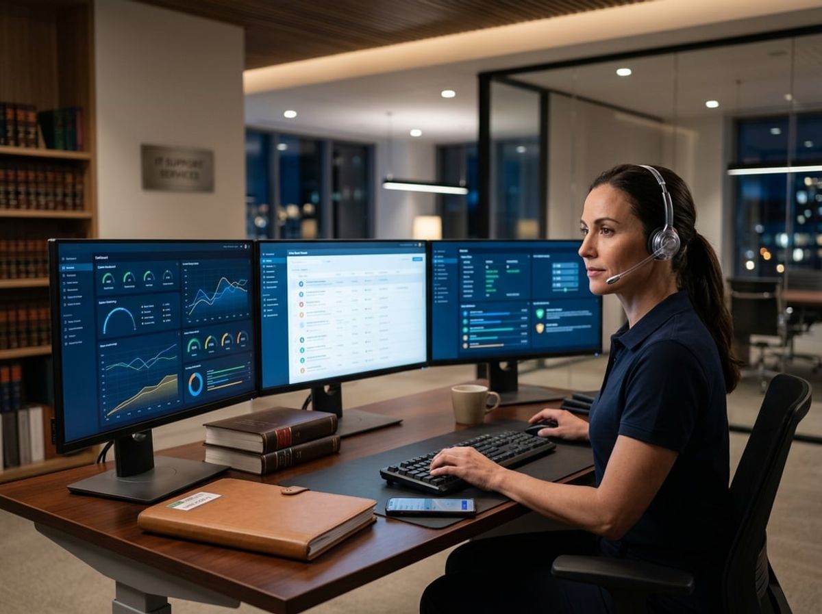 IT support technician monitors law firm systems late at night from an office desk