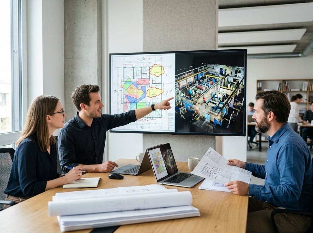 Architects examining a detailed point cloud model alongside a large sheet set on screen