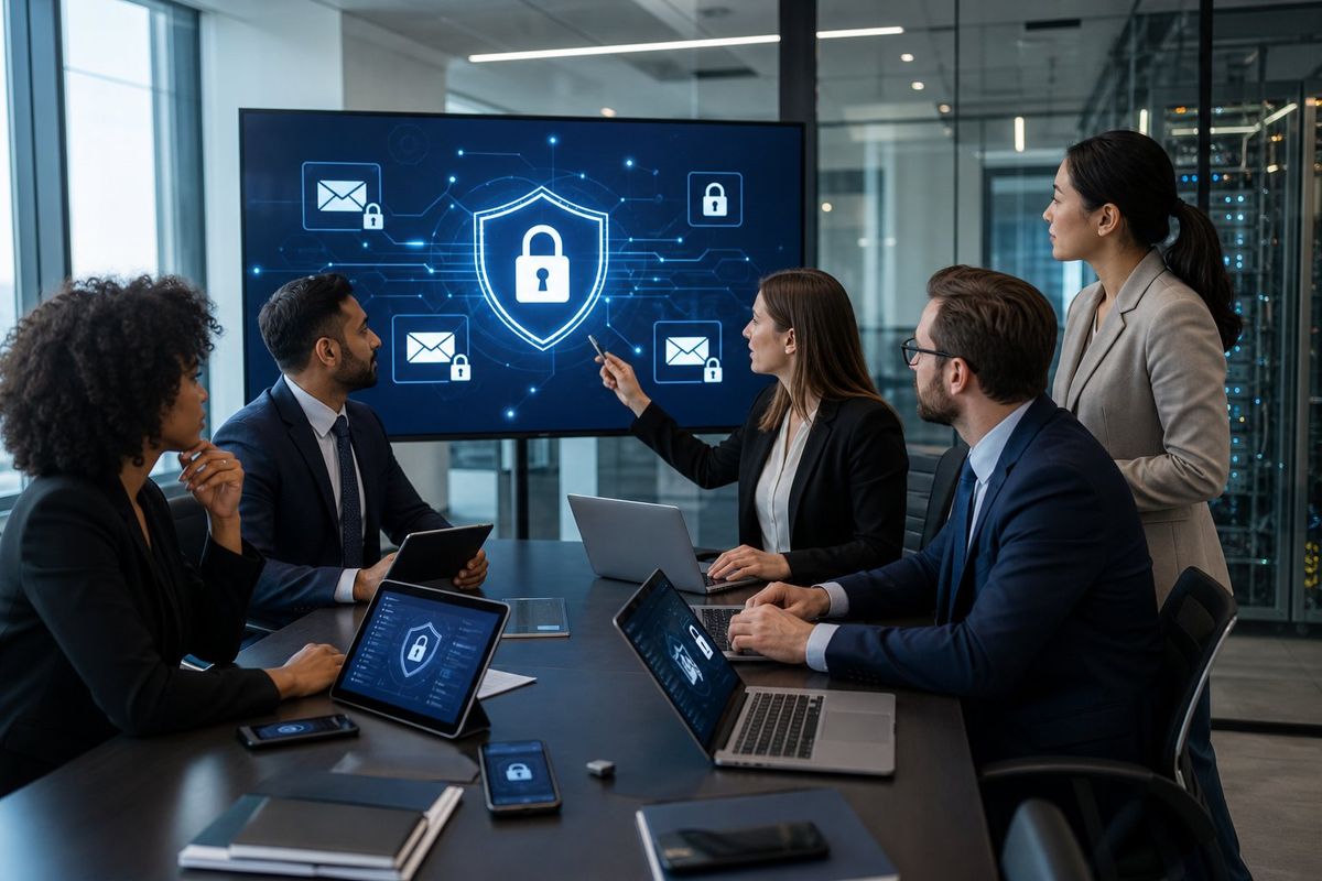 Lawyers and IT professionals collaborating in a modern office with laptops and digital screens showing email security symbols.