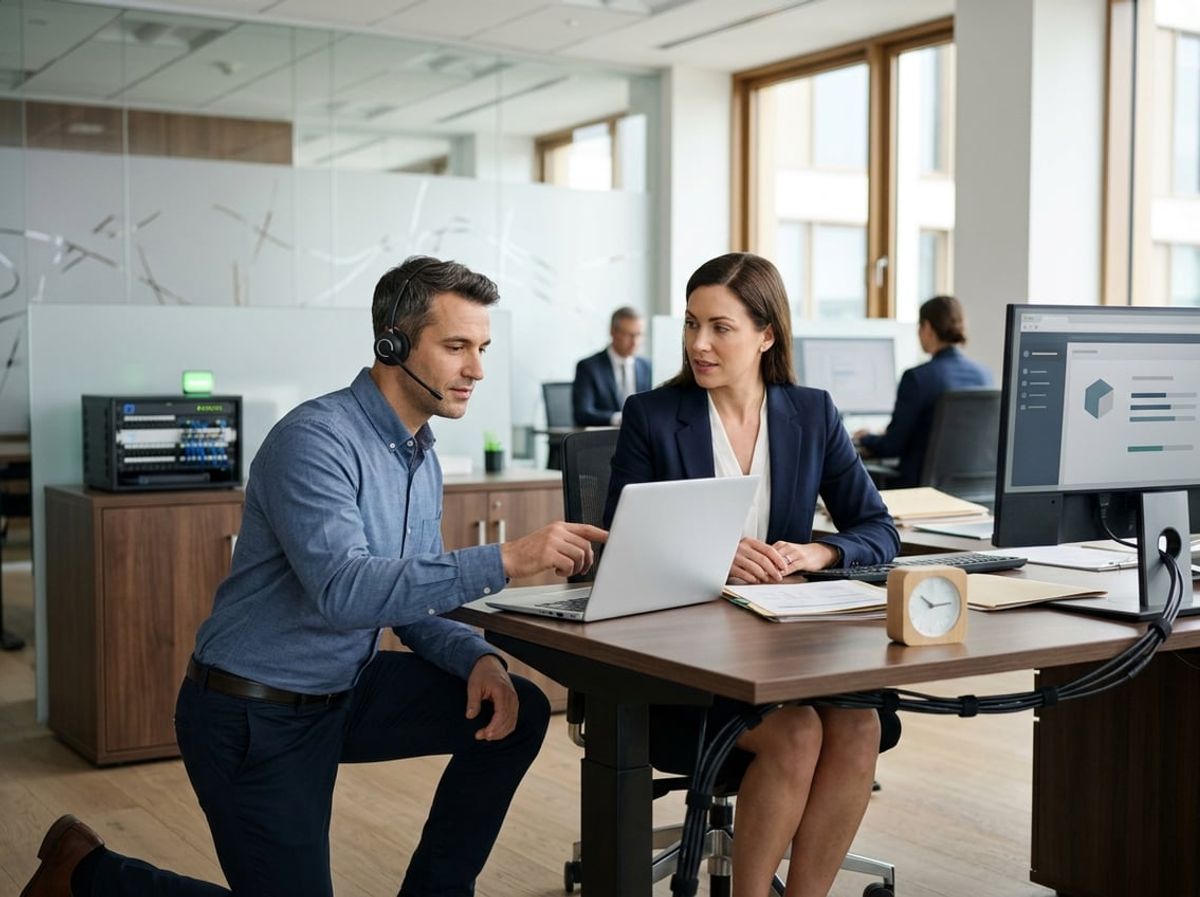 Support technician diagnoses a law office computer issue while an attorney watches