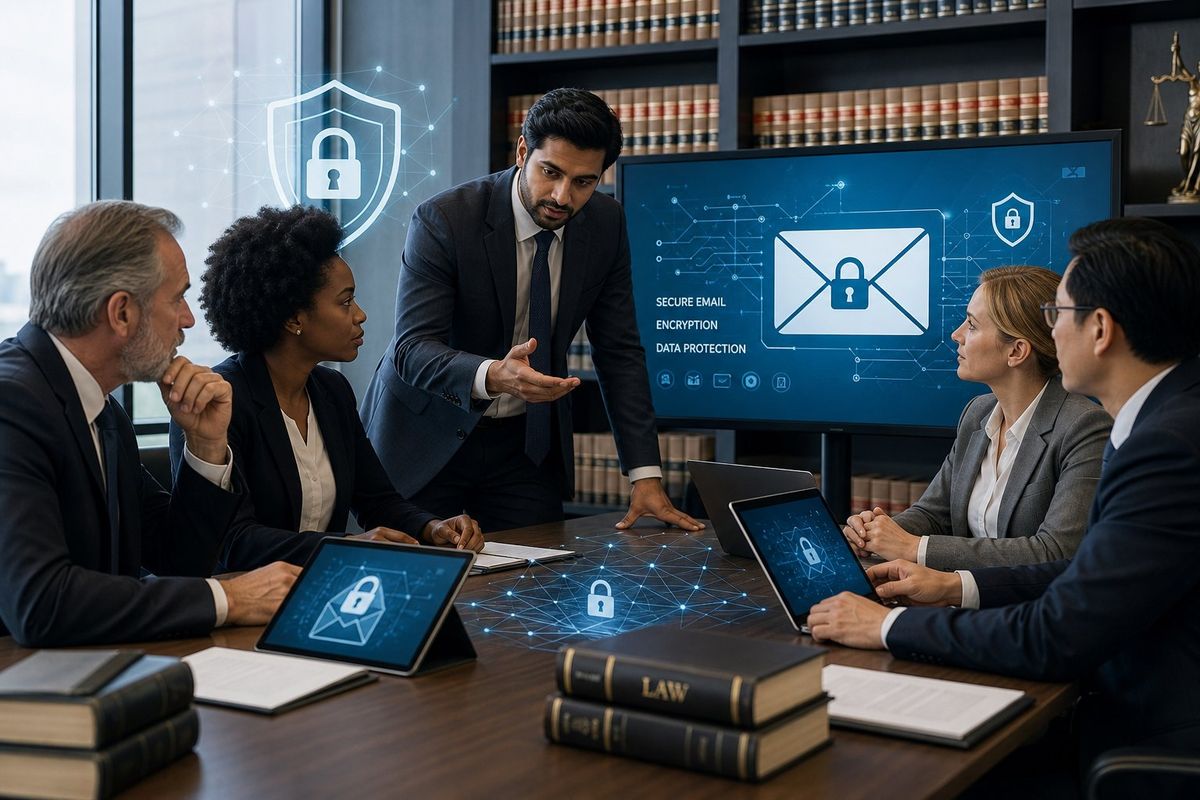 A group of lawyers and IT professionals working together in a law firm office with laptops and monitors showing digital security symbols.