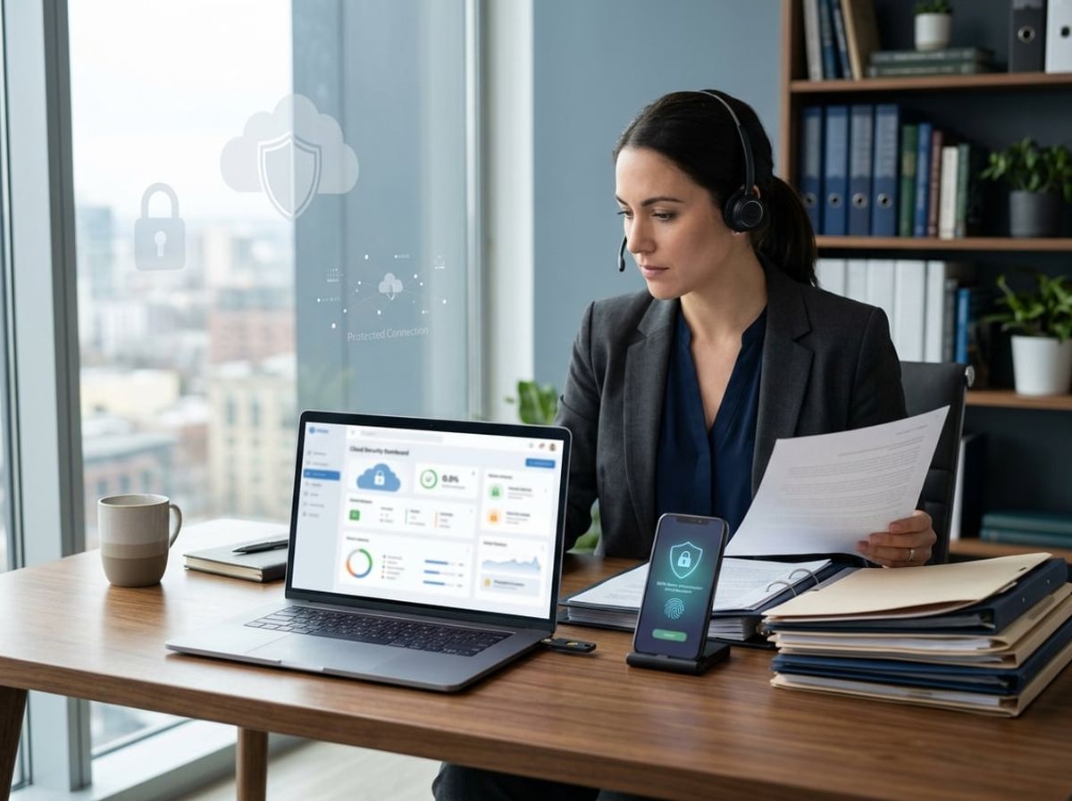 Attorney logging into Microsoft 365 on a laptop with a phone nearby for two factor verification