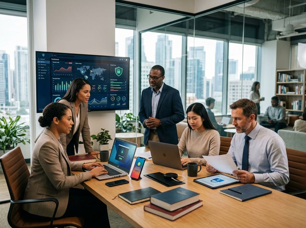 Legal team and IT staff discussing hybrid work confidentiality risks over laptops and documents