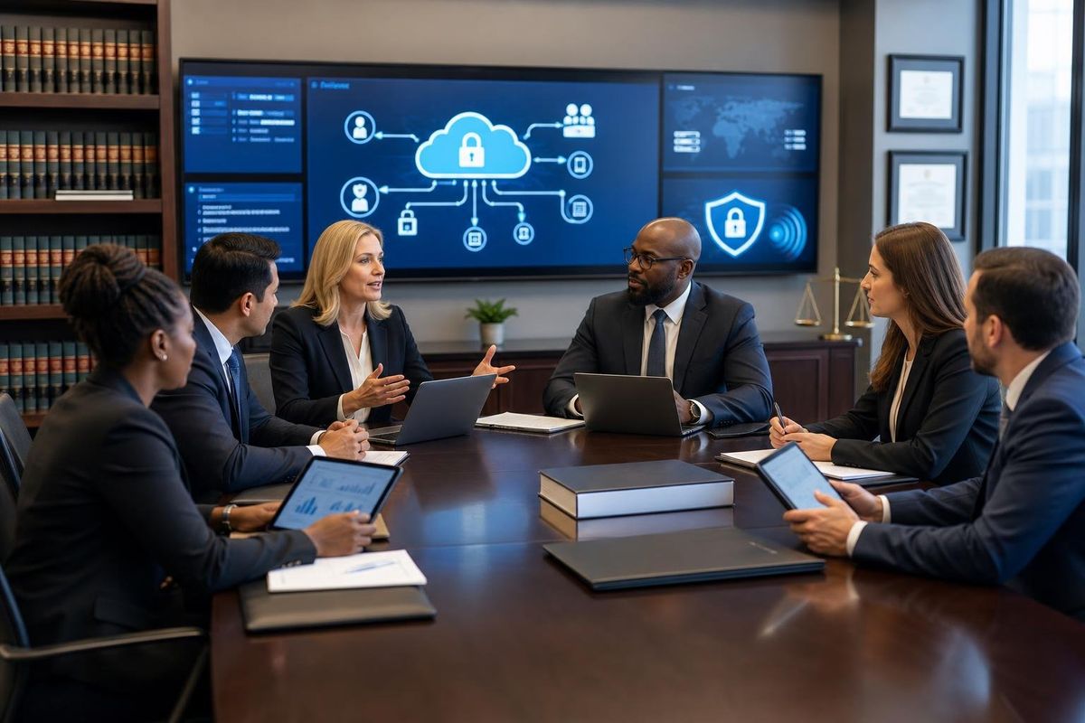 Legal professionals working together around a conference table with laptops and monitors displaying data backup and security visuals in a law firm office.