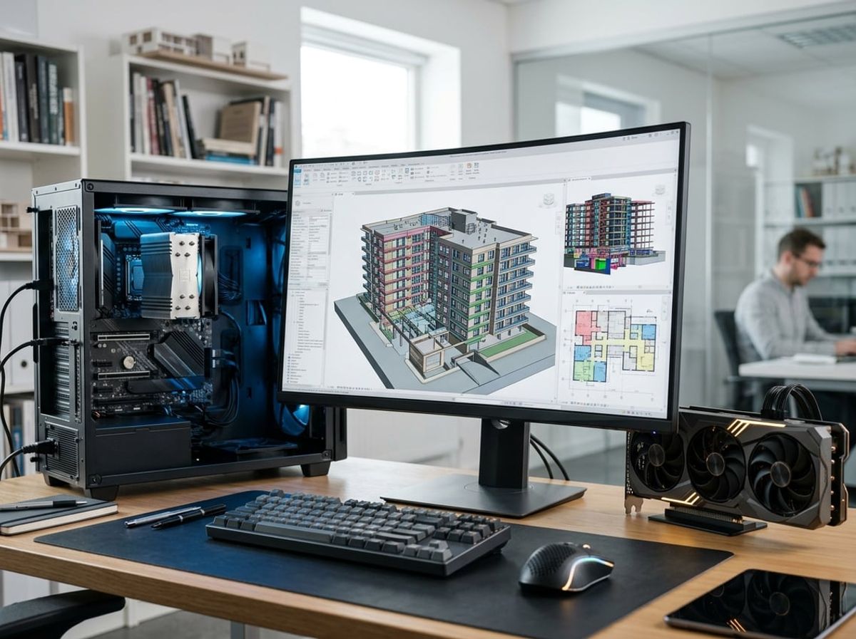 Split view of a building model and desktop tower with processor and graphics card visible