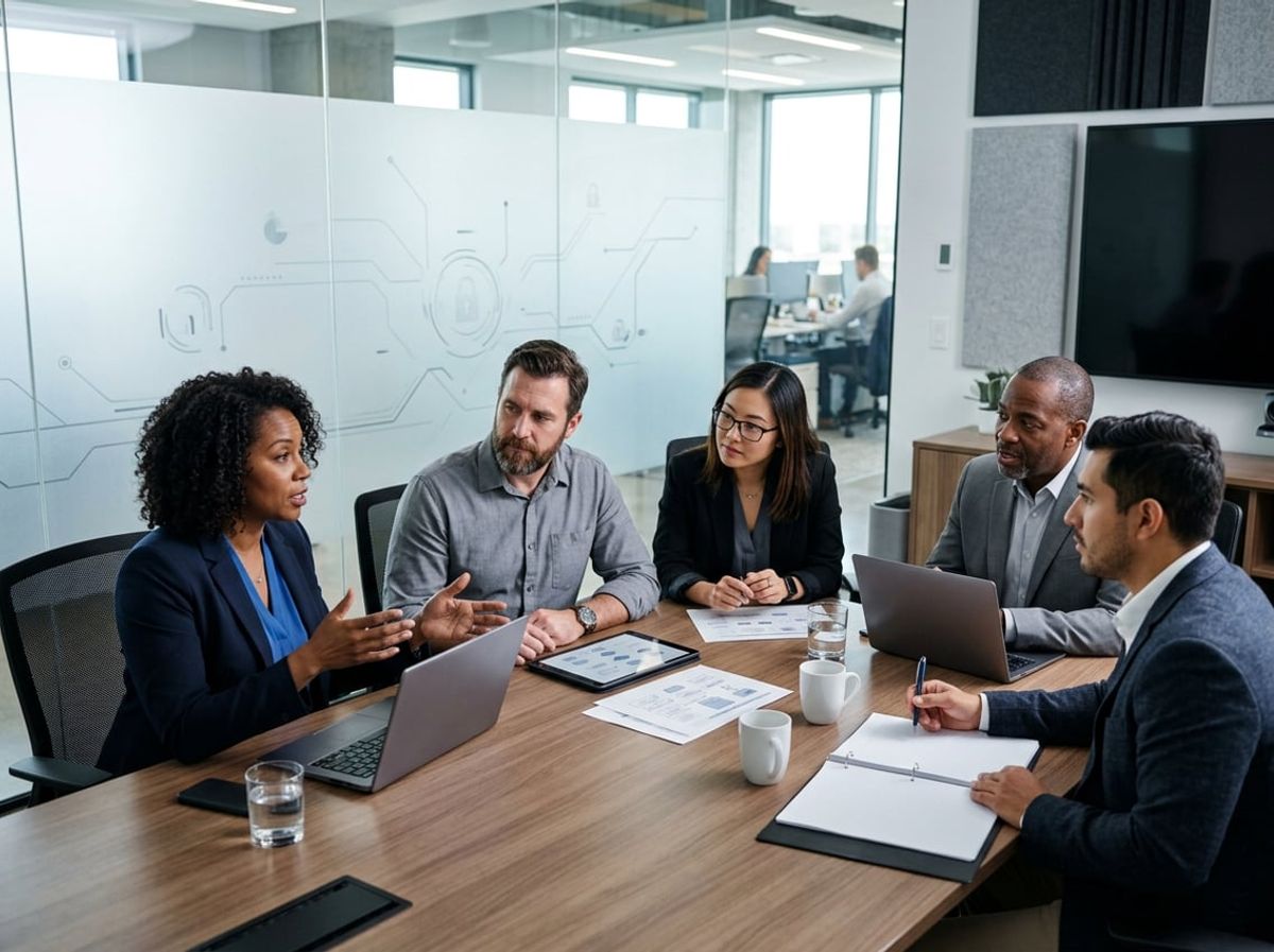 Cybersecurity team discusses breach notification steps and incident timelines around a table