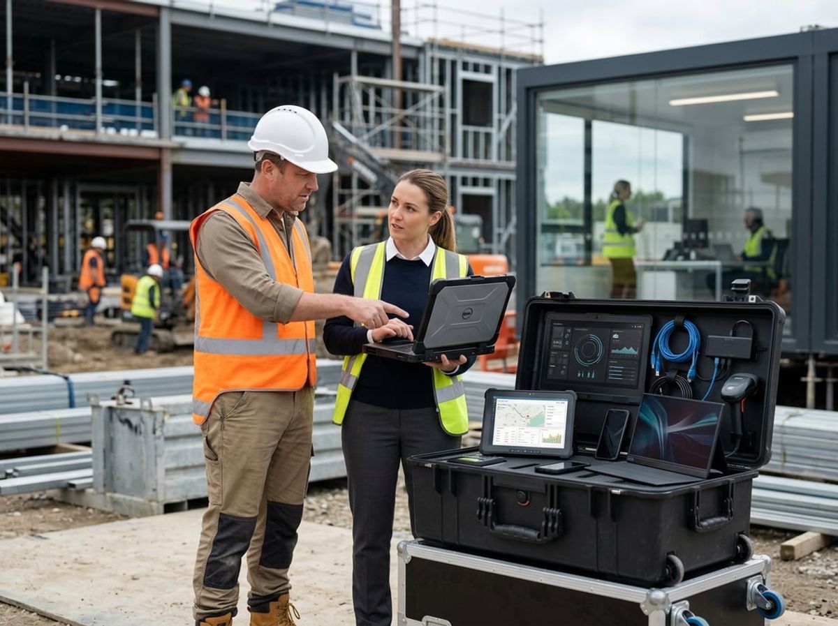 Supervisor and technician compare rugged tablets and laptops near stacked building materials