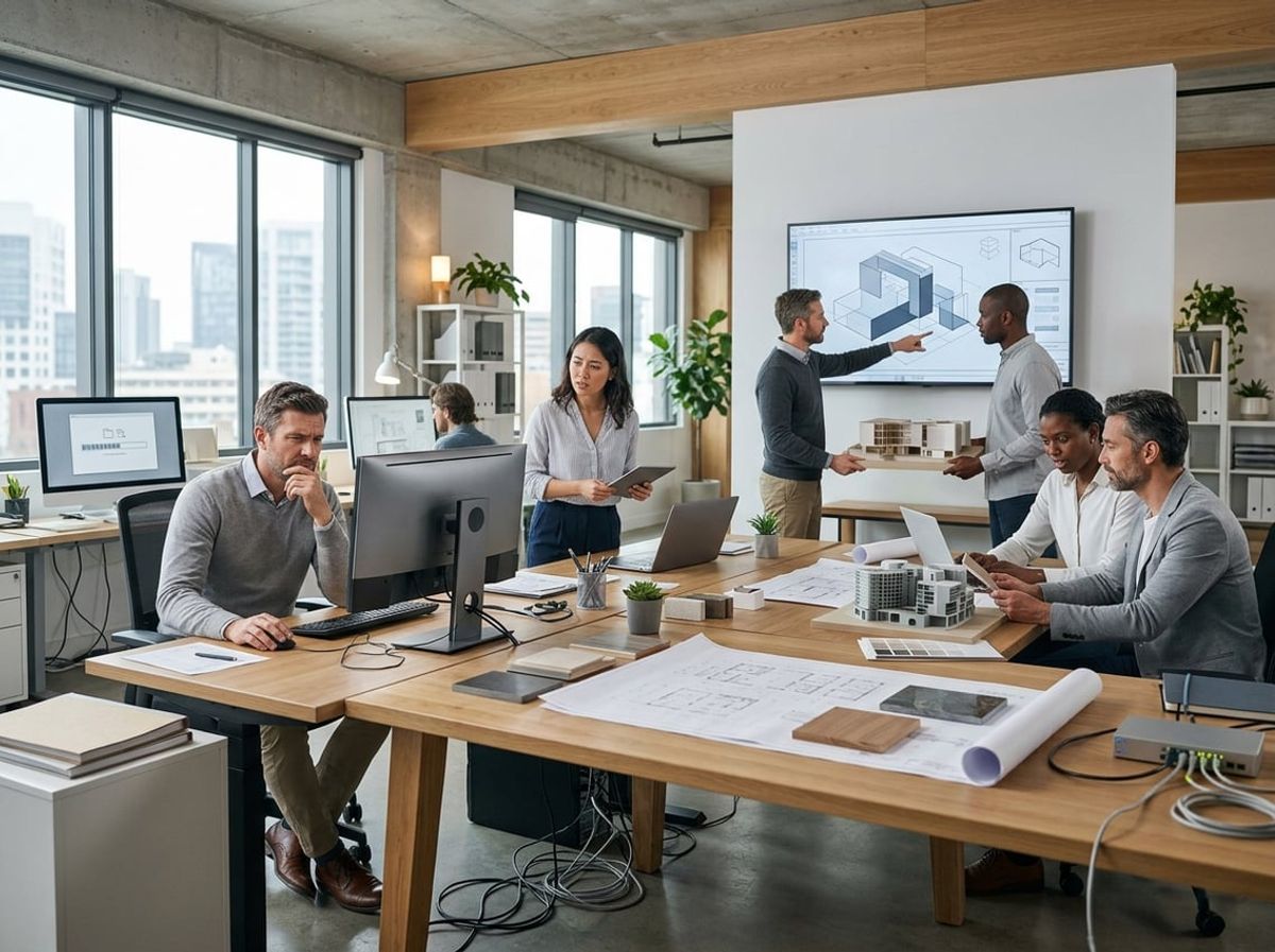 Architects surrounded by building models and plans dealing with a stalled computer issue