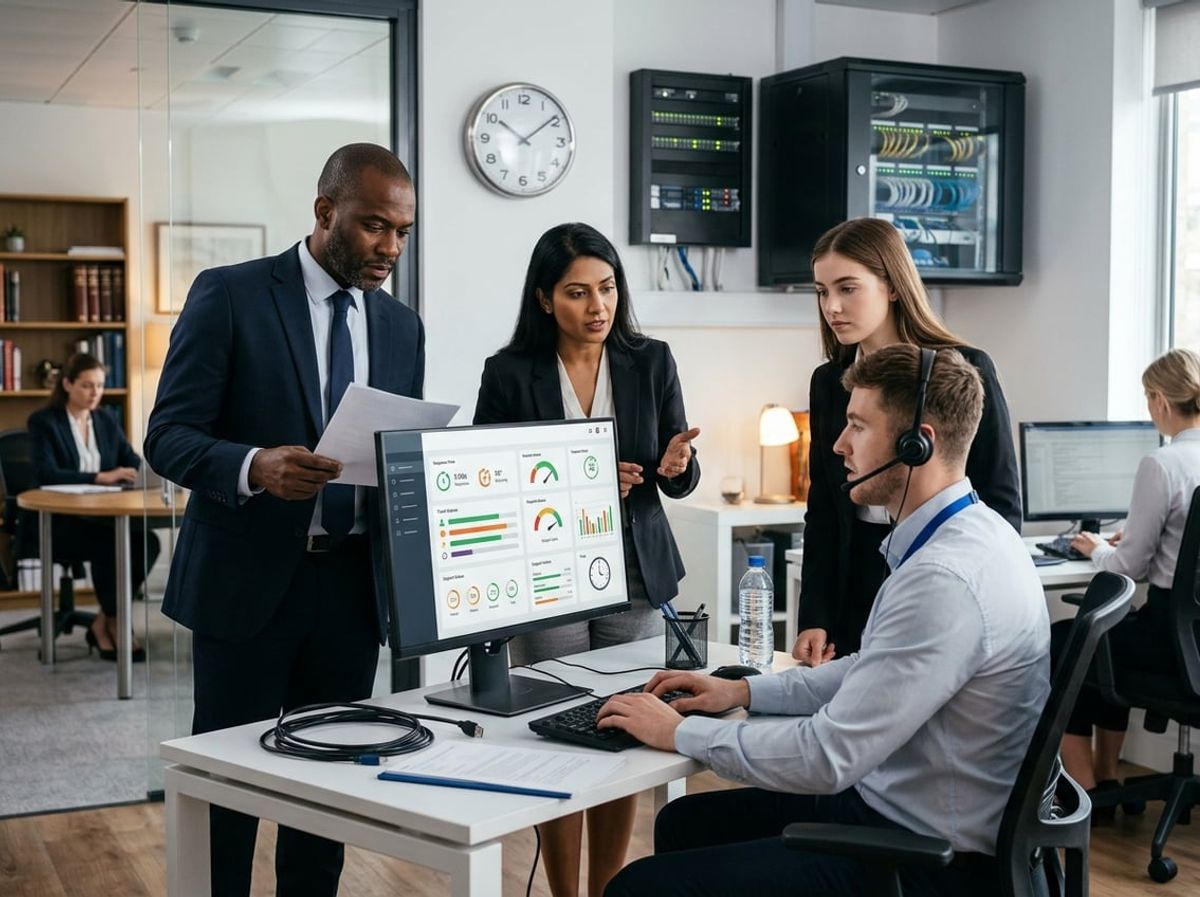 IT staffer reviews service level data on a monitor beside law firm employees