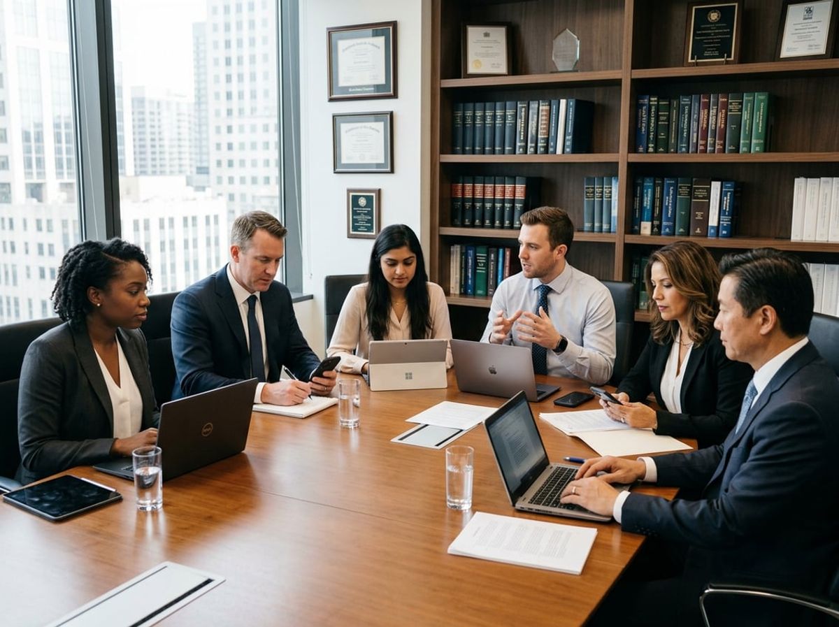 Attorneys discussing compliance requirements while reviewing documents on a laptop screen