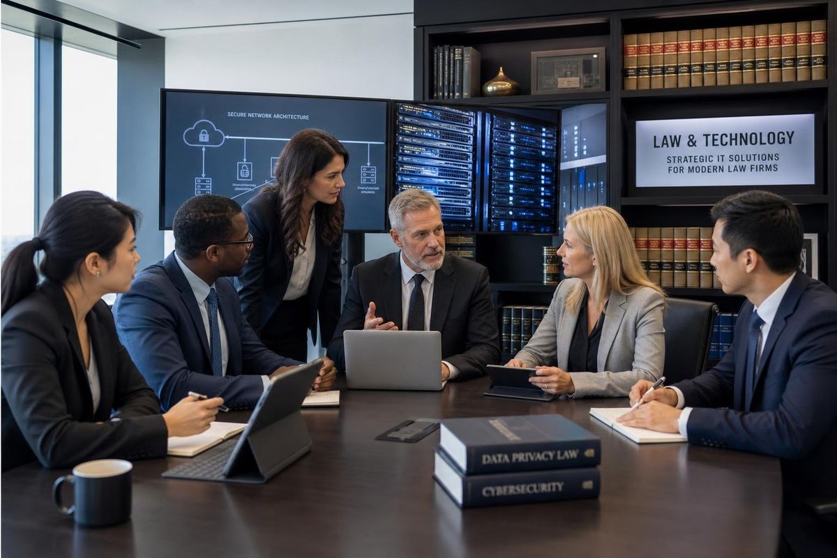 A group of lawyers and IT professionals collaborating around a conference table in a law firm office.