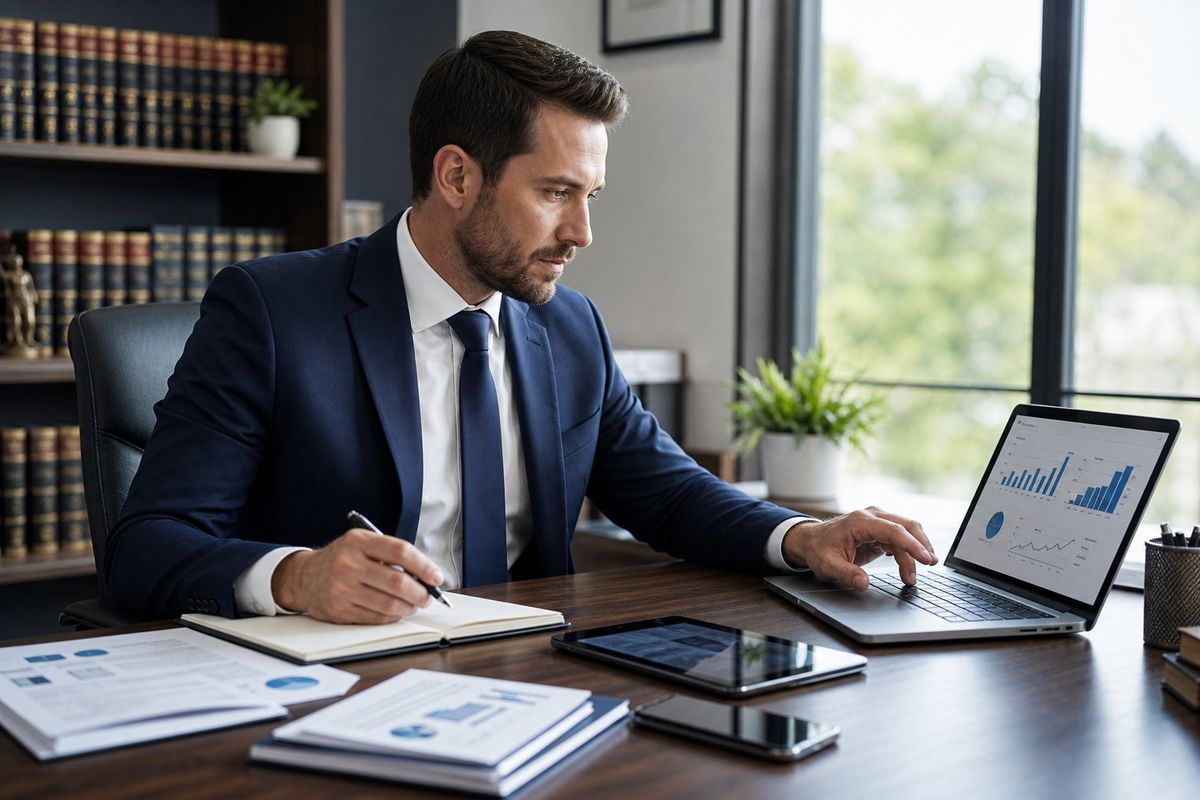 A business professional at a desk reviewing digital charts and documents in a law office setting.