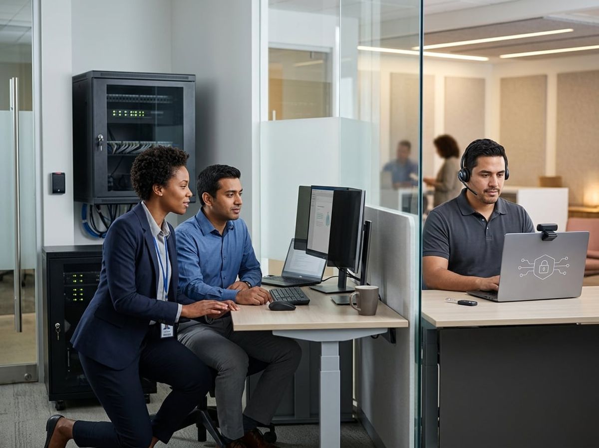 IT staff examining data protection logs on multiple monitors in a firm workspace