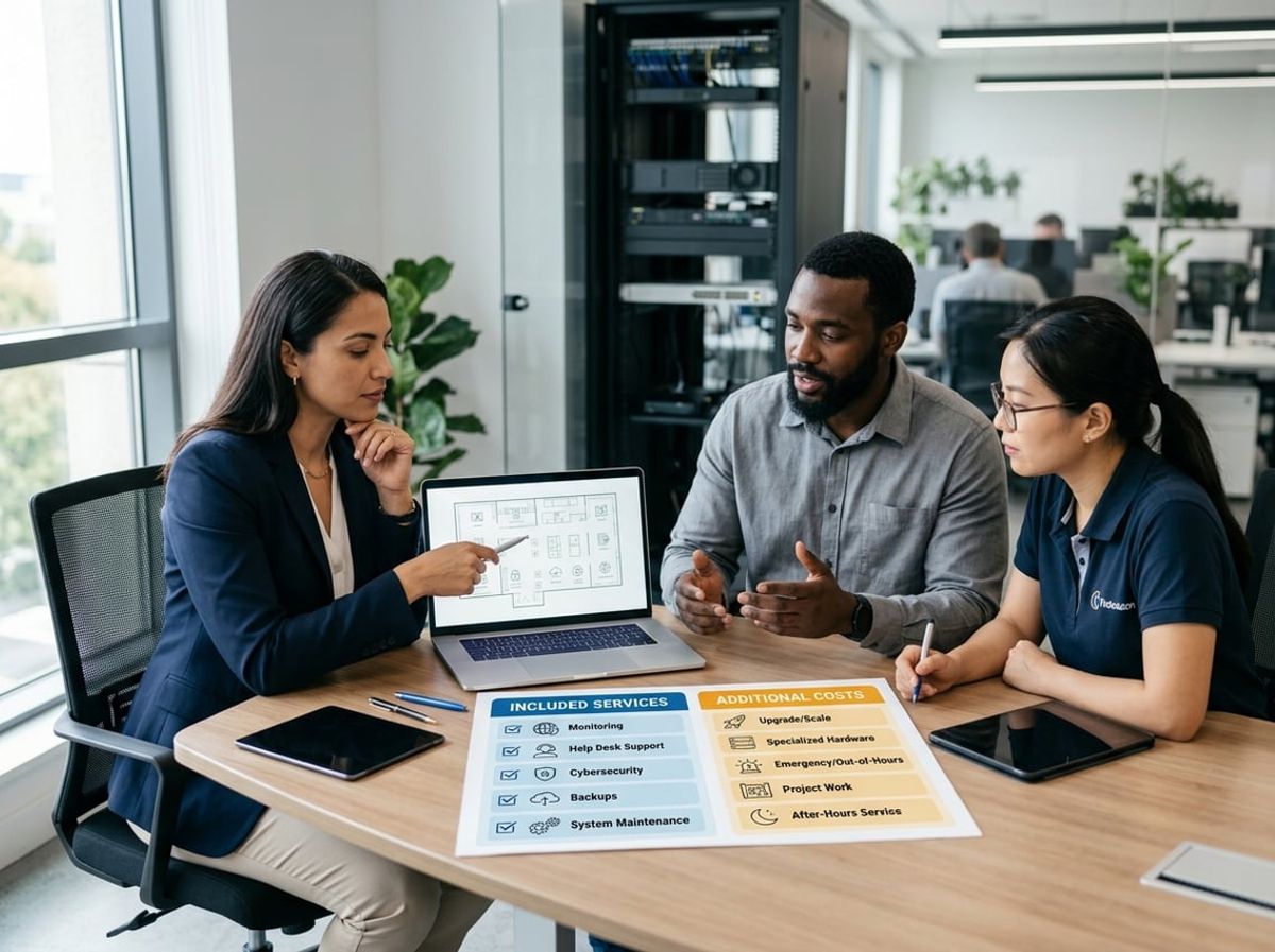 Team reviews a service plan outlining standard support items next to optional add-on upgrades