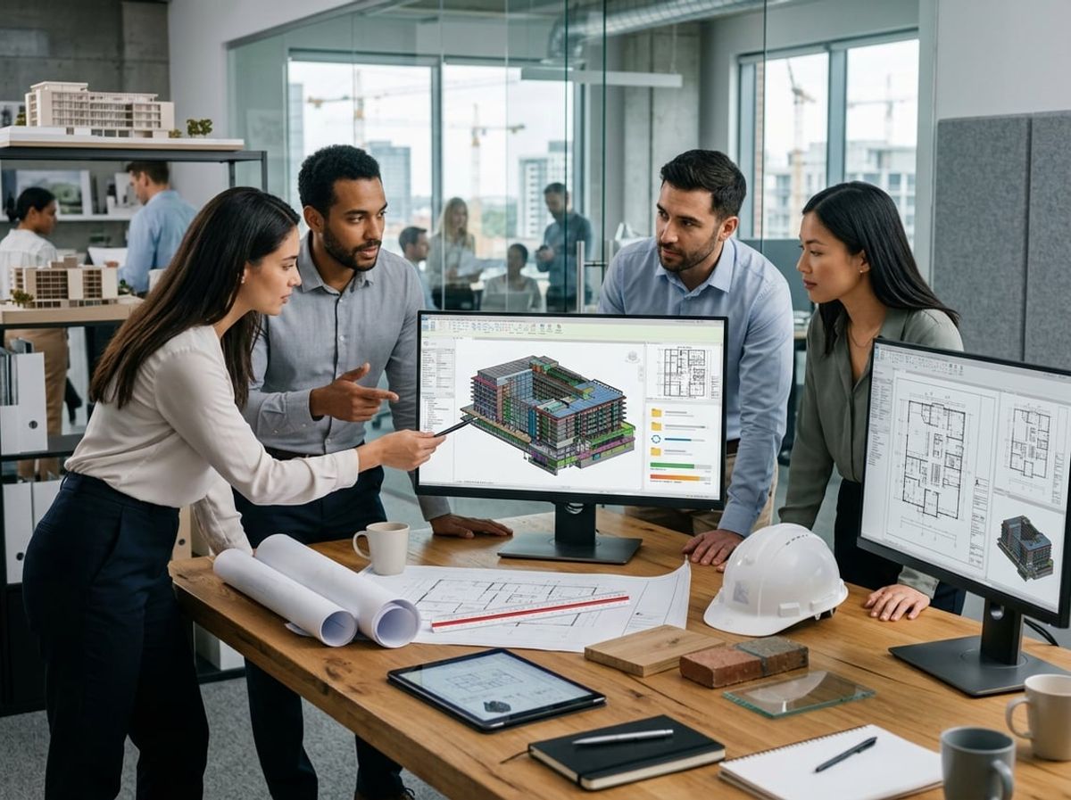 Team gathered around monitors showing building models during a project coordination meeting