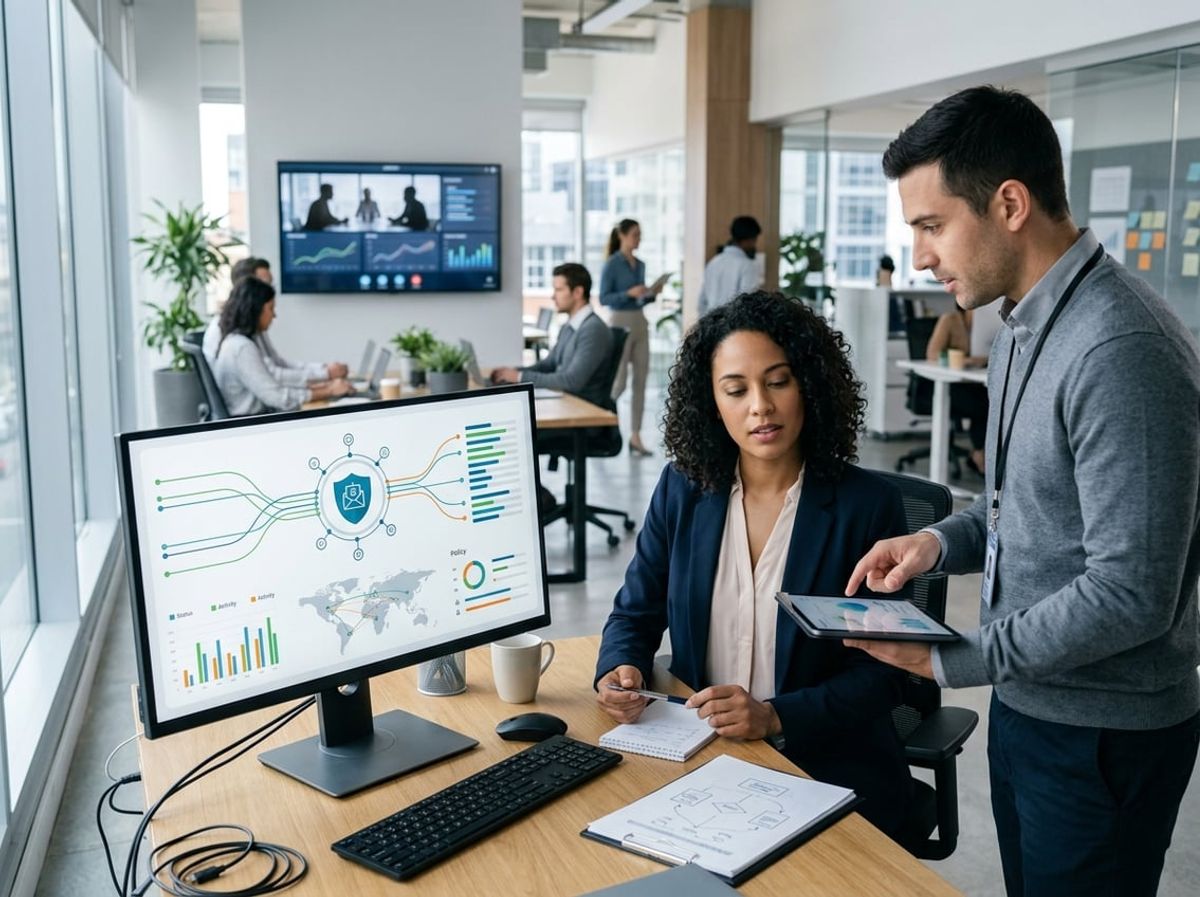 Two cybersecurity professionals reviewing an email dashboard to keep DMARC setup current