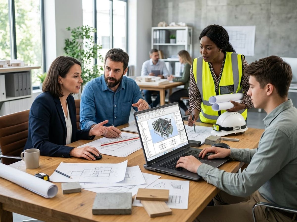 Project team members gathered around a laptop reviewing a coordinated building model